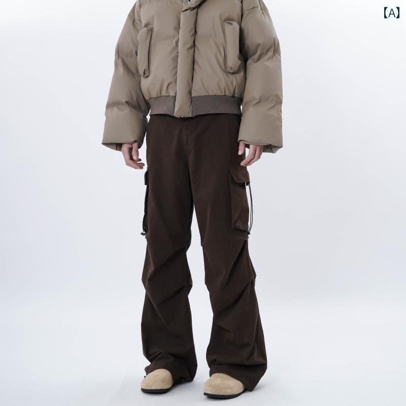 カーゴパンツ　メンズ　レディース FILFR アメリカン レトロ ブラウン プリーツ オーバー オール ユニセックス マルチ ポケット ストレート パンツ