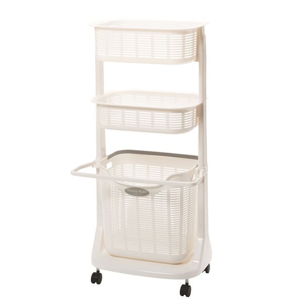 ランドリーバスケット/洗濯かご (3段) 幅49.5cm 折りたたみ バスマットハンガー付き 日本製 サンコープラスチック (組立品)