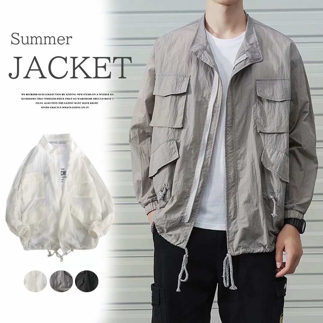 夏でも羽織れる メンズ サマージャケット ブルゾン UV対策 ジャンパー ゆったり 薄手 夏物 ポケット プルオーバー