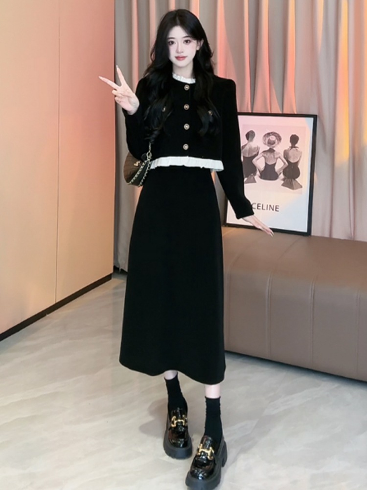 の完全なセットとしいフランスの小さな香りヘップバーンスタイル黒の長袖ベルベットドレスの子たち