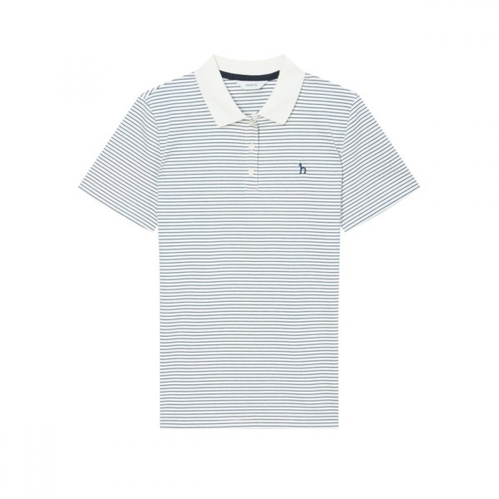 [ヘッジズレディース] 24SS ネイビーストライプコットンショートスリーブカラー T シャツ WSTS4B308N2