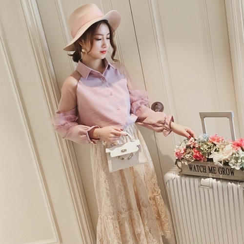 2451.シースルー長袖ブラウス（ピンク）2019 春夏 無地 普段使い お出かけ 着回し