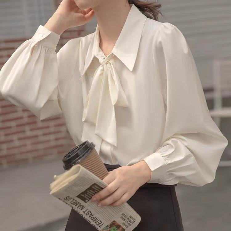 【1つ買うと10つ無料】ランタンスリーブ気質2025春と秋のボウシャツホワイトシャツホワイトシャツ女性レースアッププロフェッショナル
