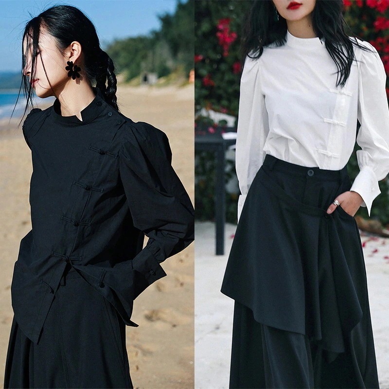 チャイナ服 普段着 チャイナ風シャツ レディース レトロトップス ブラウス オリジナル 黒/白