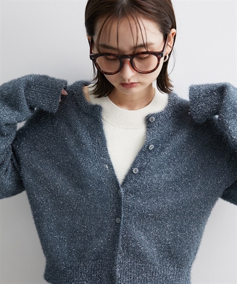 カーディガン ラメニットクルーネックショート丈カーディガン