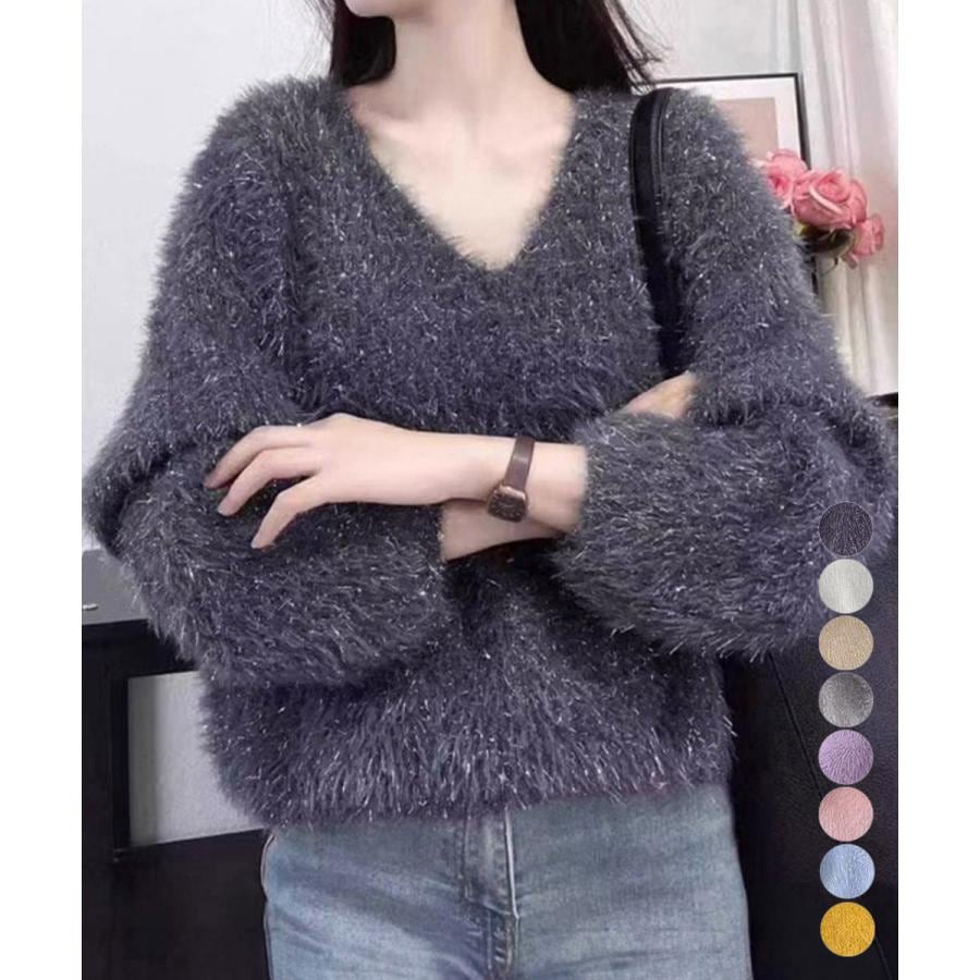 ラメシャギーニットトップス Vネック秋冬