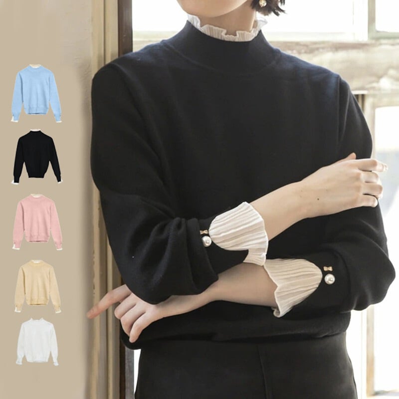 ニット セーター 重ね着風ニット 黒 長袖 韓国 レディース オルチャン 襟シフォン 袖リブ ウエストリブ ニットワンピース ハイネック パールボタン ブラック ピンク 白 ベージュ 暖かい