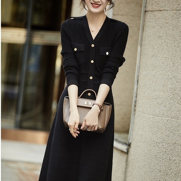 ワンピース ニットワンピース V開き Aライン ボタン ミドル丈 長袖 韓国 レディース ハイウエスト Aラインスカート かわいい 可愛い 大人可愛い 大人女子 きれいめ シンプル