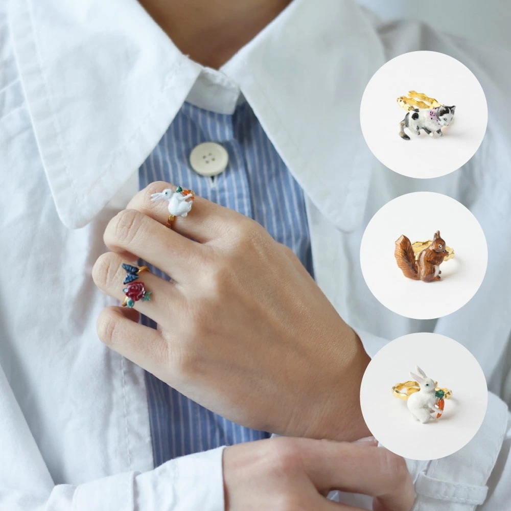 ナタリーレテ リング指輪 アクセサリー ファッション おしゃれ 可愛い ネコ 猫 リス ウサギ 動物 アニマル カラフル ギフト 贈り物 ポーチ フリー フリーサイズ 調整可能