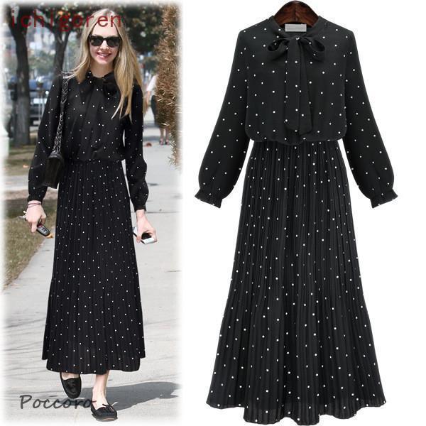マキシ丈 プリーツ Aライン 秋 満2件の輸送費は無料ワンピース 長袖 レディース ウエストゴム ロング 薄手 ドット リボン 春