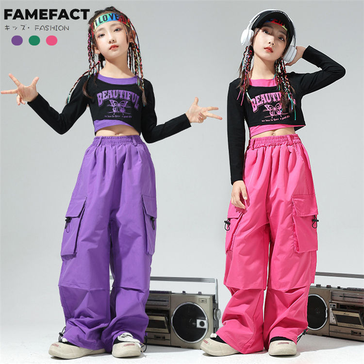 キッズダンス ダンス衣装 セットアップ ヒップホップ ル 単品orセット へそ出し 女の子 トップス 長袖tシャツ カーゴパンツ ジャスダンス ガールズ チアガール 演出服 ダンスウェア ジュ