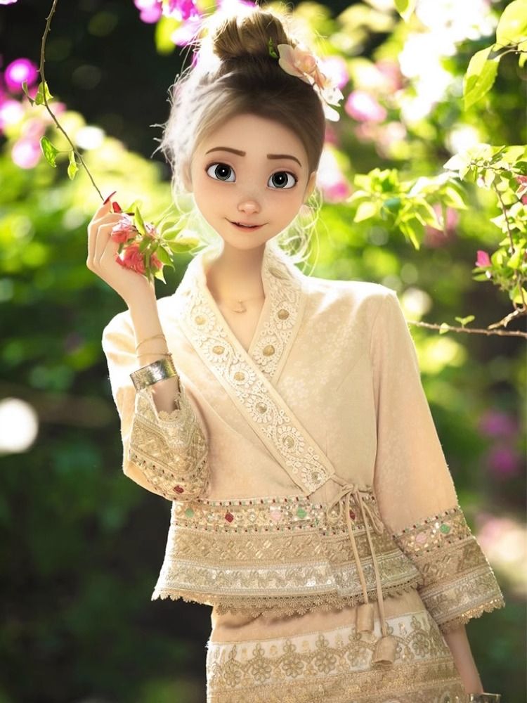 雲南省の観光客はダイ族の民族衣装を着ており小人は女性の夏用のドレスとツーピースのスーツ一式を着ています r n1001- アプリコットピンクのスーツ r n2000- サイズ000333444