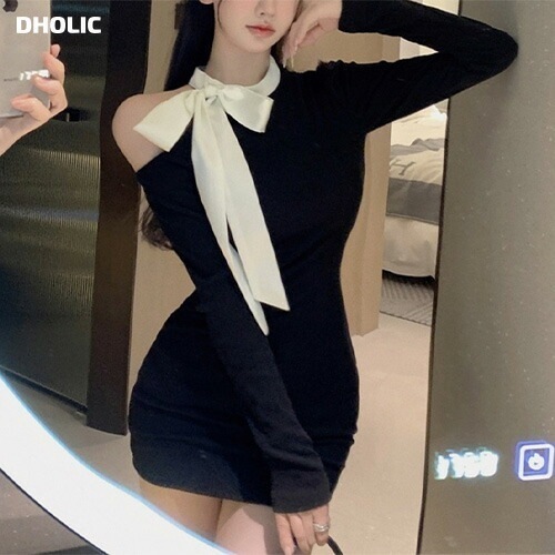 [メガ割りSALE]配色リボンワンショルリブミニワンピース