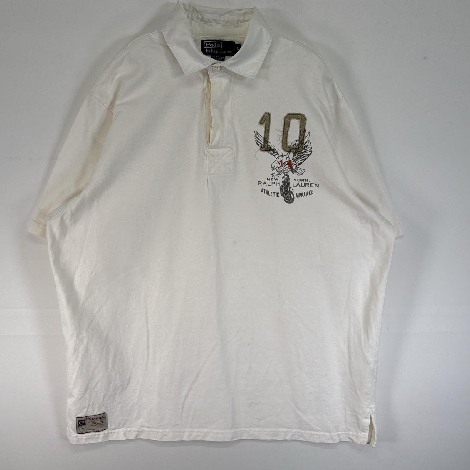 古着 90s/90年代 ポロバイラルフローレン Polo by Ralph Lauren 半袖 ラガーシャツ 3ボタン ロゴ ワッペン 肉厚 L ホワイト 無地 メンズ
