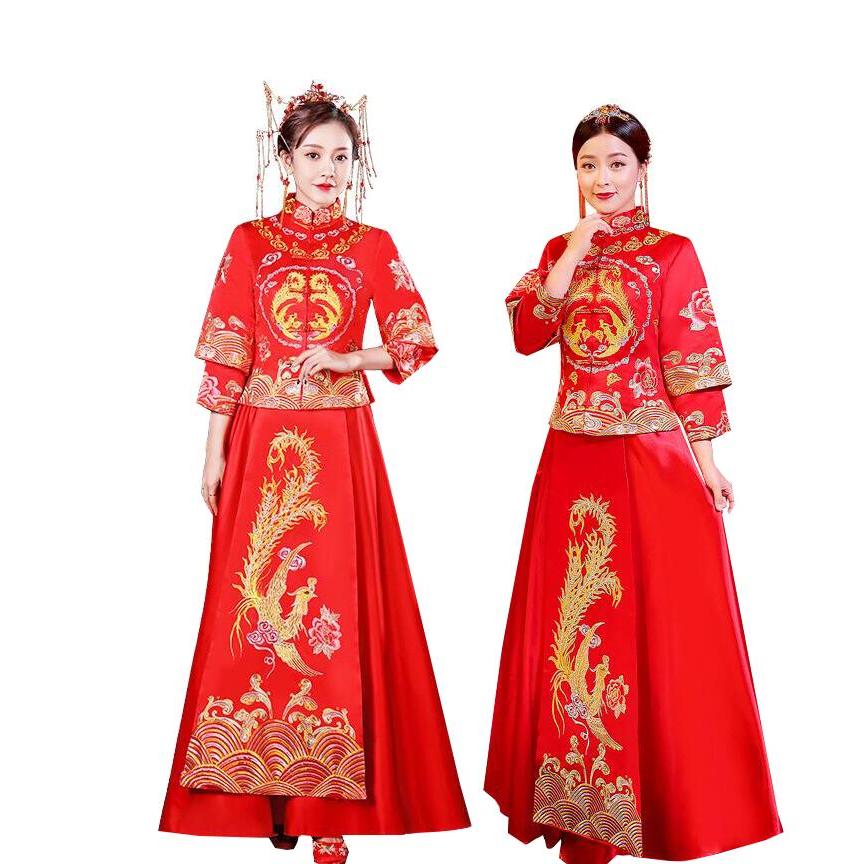 中華ウエディングドレス　中華服上下二点セット　赤　花＆鳳刺しゅう　可愛いチャイナ服　中国風コスプレ衣装　華流舞台ステージ服　古典漢服唐装30%までに制限