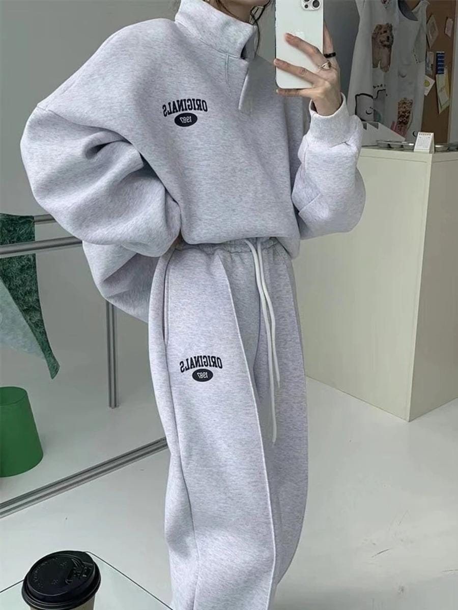 【送料無料】2023人気ブランドスウェットセットアップ上下二点肌にやさしい綿長袖立ち襟アウター無地スウェットパンツ韓国ファッションレディース夏服トレーニングウェアスポーツウェアレディース