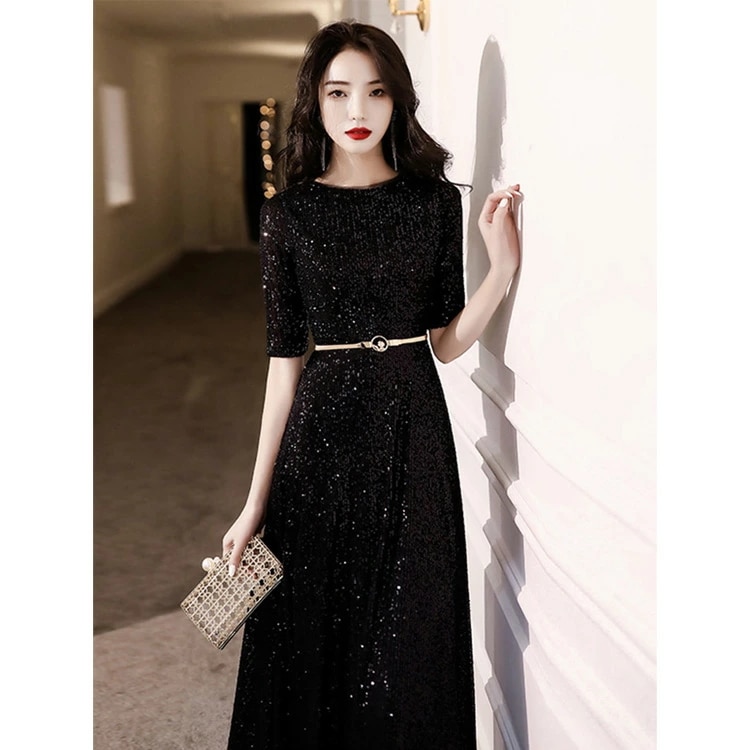 イブニングドレス 黒 キラキラドレス スパンコール ロングドレス パーティードレス ゴールド ブラック 結婚式ドレス 二次会ドレス 発表会ドレス 金色 ロング Aライン XS S M L XL XXL