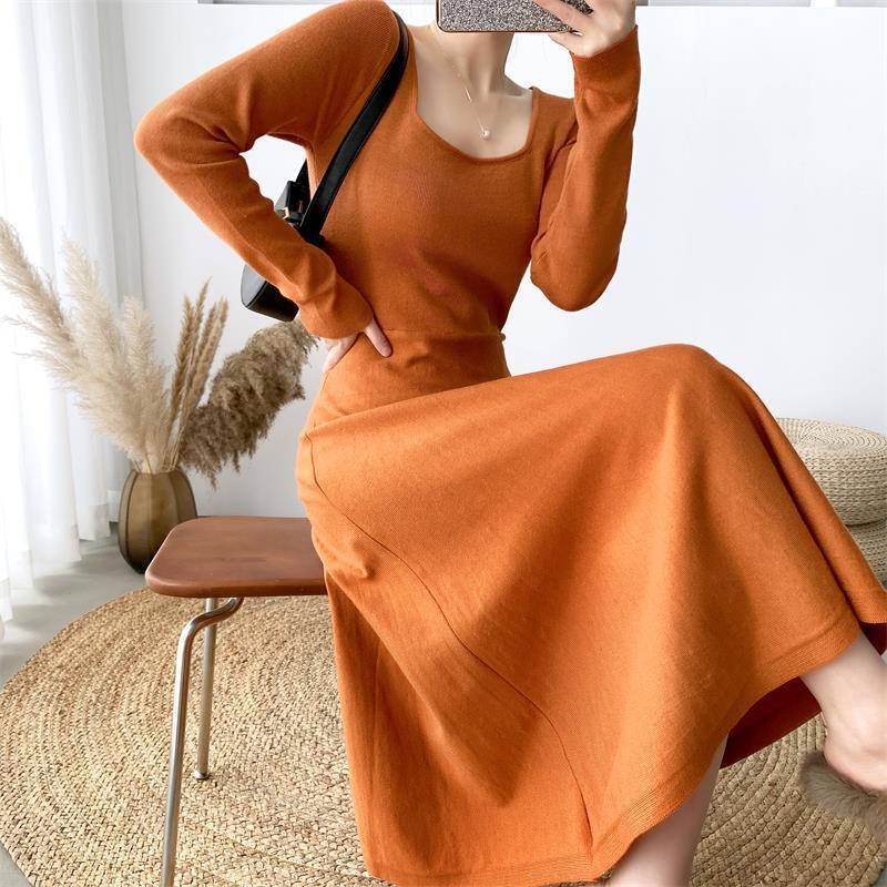 ワンピース ロングスカート ロング ロング丈 袖あり 長袖 ラウンドネックスリム タイト 細身 ストレート プリンセスライン スマート 大人っぽい フォーマル 個性的 キャラメル ブラック