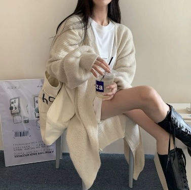 ロングカーディガン ニット オーバーサイズ ルーズ セーター ロング丈 長袖 ストレート ワイド リブニット 編み込み 伸縮性 厚手 シンプル カジュアル 大人 上品 おしゃれ レトロ 大人女子 ラフ