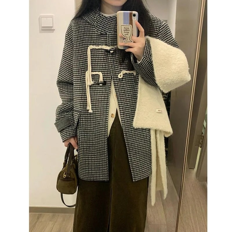 秋冬新作ホーンボタンショートウールコート高級小さめ韓国風30%制限