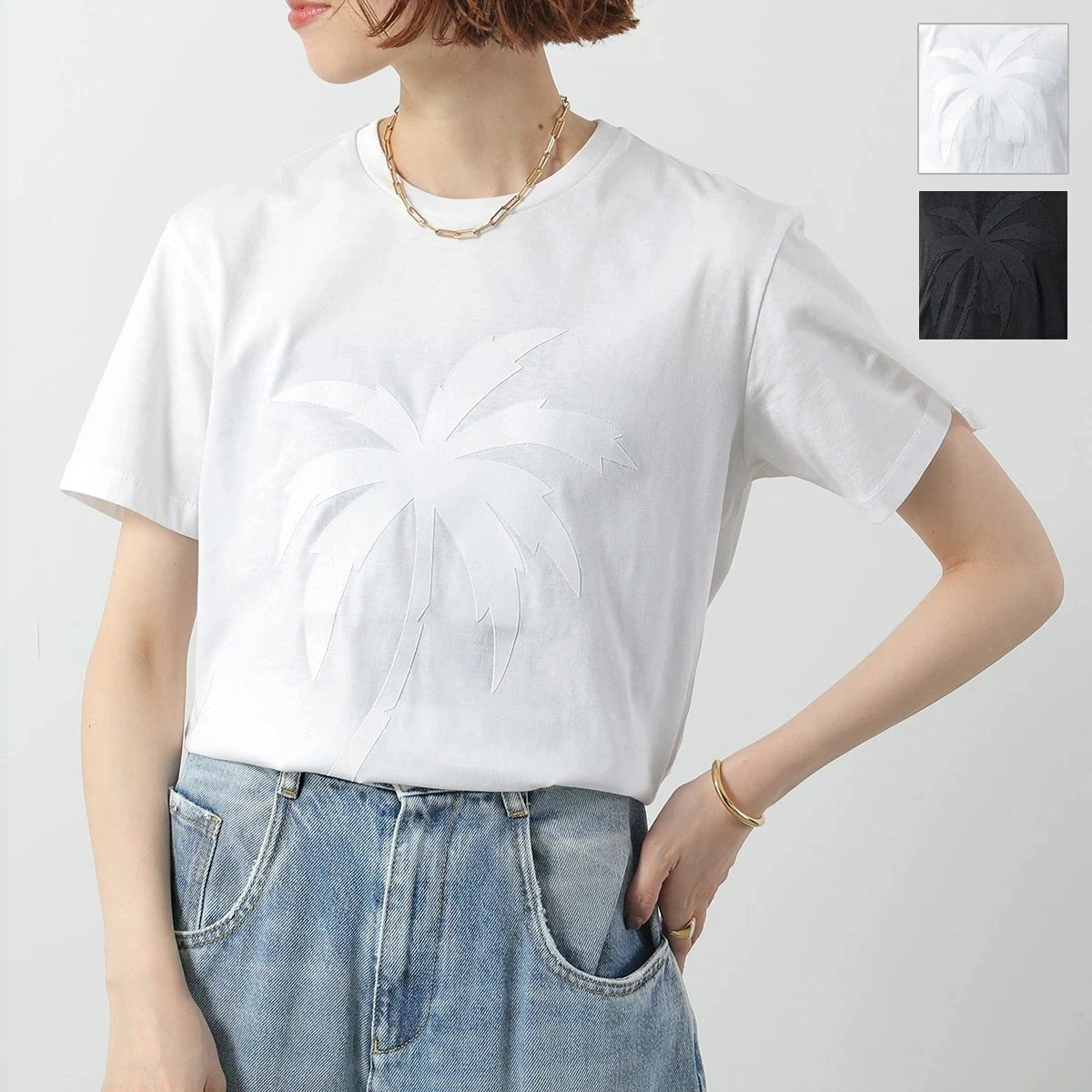 N21 ヌメロヴェントゥーノ Tシャツ F053 6328 レディース 半袖 カットソー クルーネック ヤシの木 ロゴ カラー2色