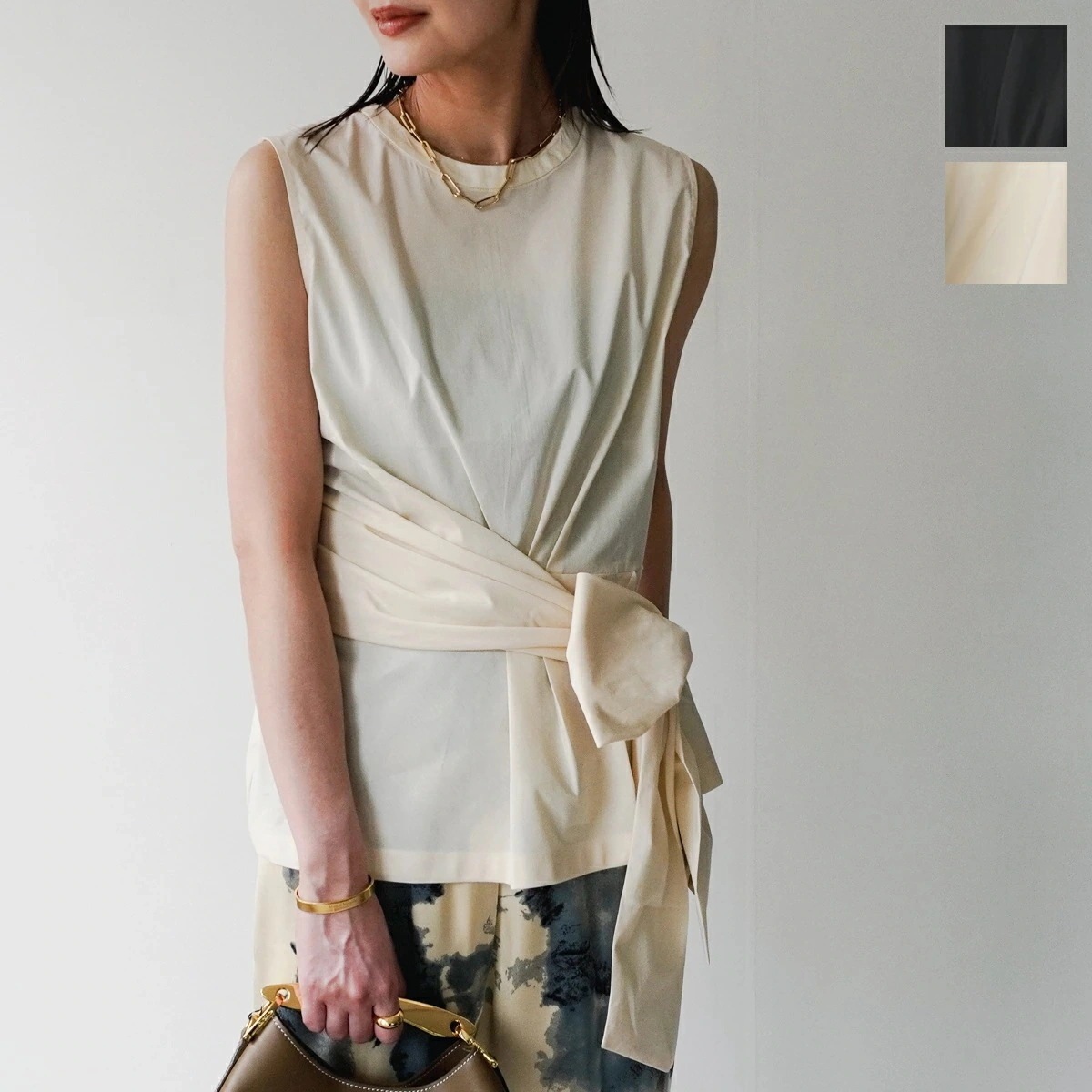 UN-SOPHIE アンソフィー ブラウス USH2503217 レディース コットン ノースリーブ クルーネック リボン タック シャツ カラー2色 【mega】