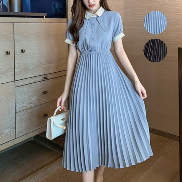 ２カラー カレッジスタイルシフォンドレス レディース ワンピース ドレス プリーツスカート フレアスカート ロングスカート ロング 半袖 パフスリーブ ポロカラー りぼんタイ ストレート Aライン