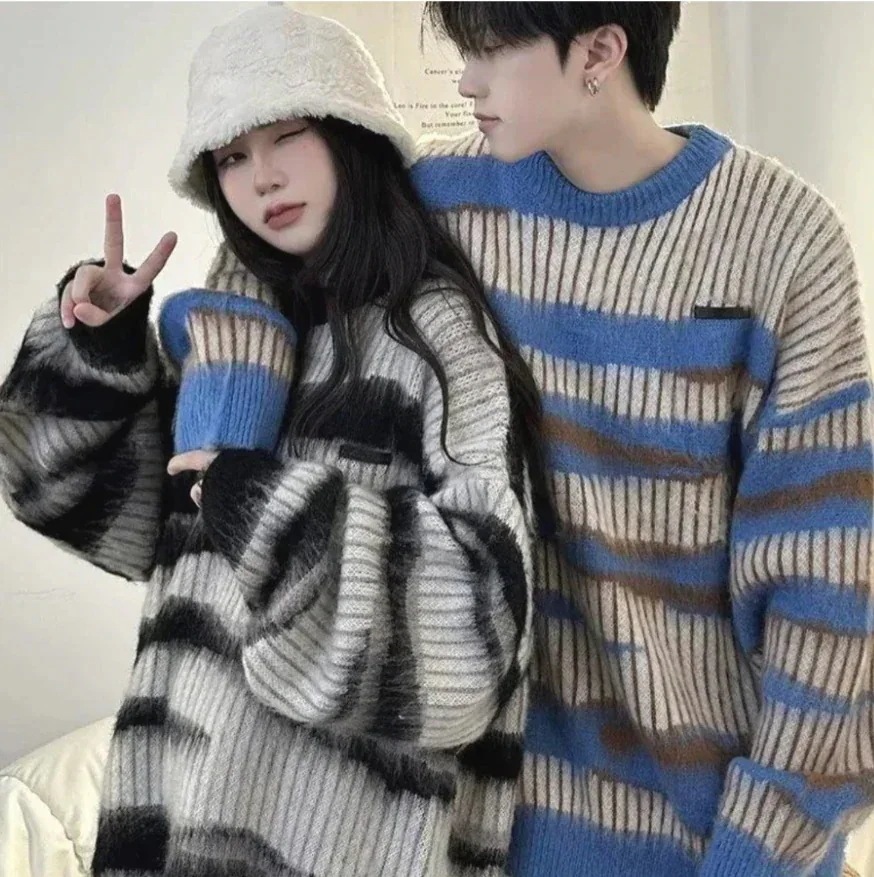 ユニセックス ビッグシルエット ボーダー ルーズ モヘアニット トップス オーバーサイズ ゆったり メンズライク ドロップショルダー メンズライク カジュアル 韓国ストリート ペア お揃い