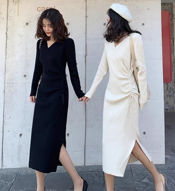 ワンピース デート モテアイテム マタニティ ミモレ丈 長袖 Vネック サイドスリット リブ 可愛い きれいめ 上品 おしゃれ かっこいい 可愛い ラブリー キュート ガーリー クール