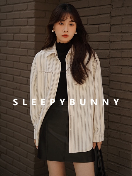 Sleepy Bunny 冬用厚みのあるルーズ長袖ストライプシャツ