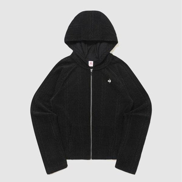 女性スリムフィット薄起毛ケーブルフードジップアップB1 QQ422OFTN1 BLK0 BRW0