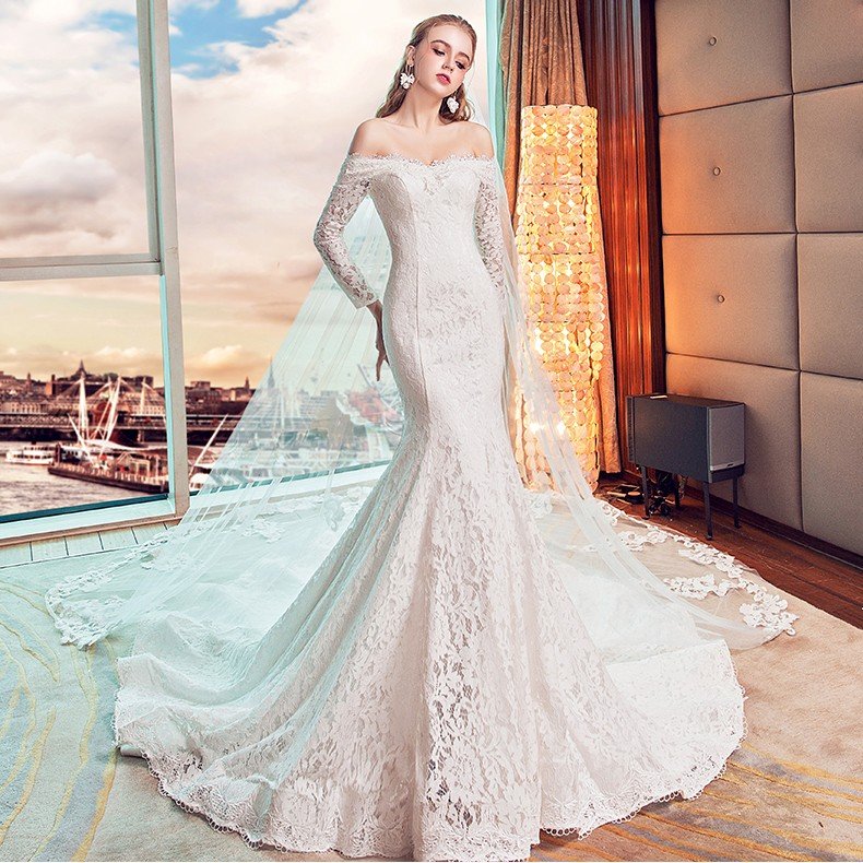 ウエディングドレス パーティードレス 結婚式 二次会 マーメイドドレス 長袖 花嫁 ロング 安い ブライダル ウェディングドレス 白 披露宴 ロングトレーン