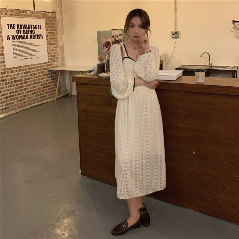 ワンピース Aラインワンピース 総レース 透かし編み ロングワンピース ロング丈 スクエアネック