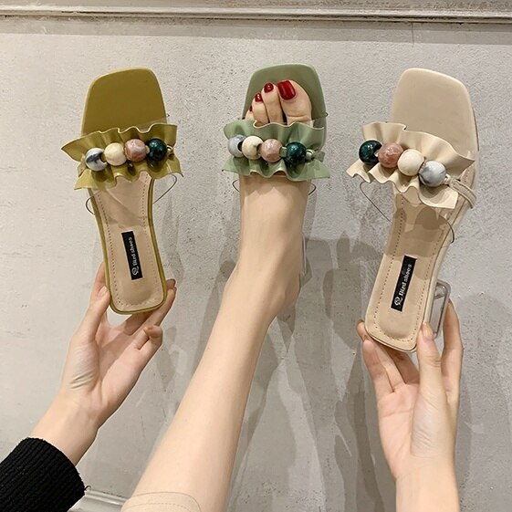 3color シューズ サンダル ミュース オープントゥ クリアベルト クリアヒール ヒール 5cm