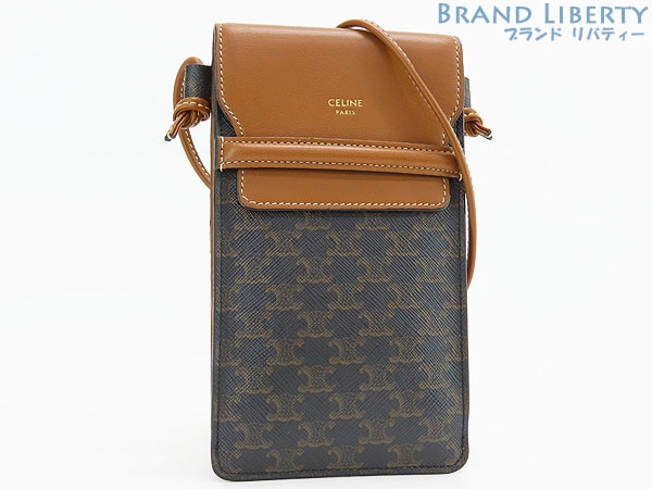 新品同様セリーヌトリオンフフラップ付きモバイルポーチスマートフォンケースフォンポーチブラック斜め掛けショルダーバッグ