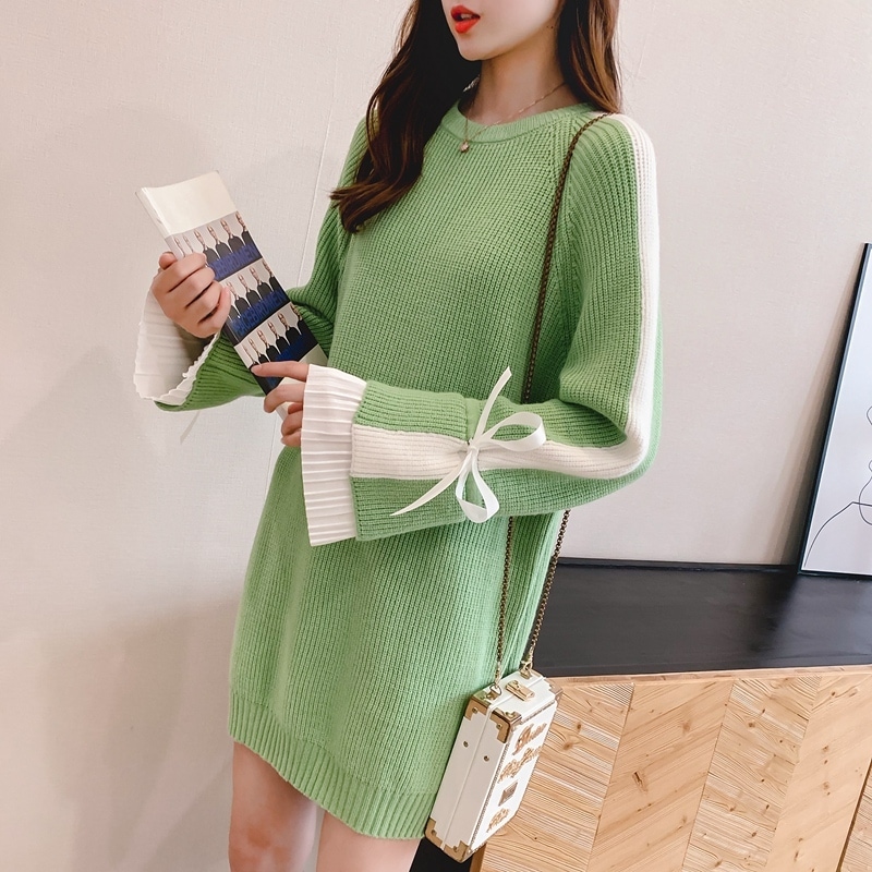 【送料無料】マタニティ ワンピース ひざ丈 ミニ丈 ニットワンピース セーター 長袖 プリーツ