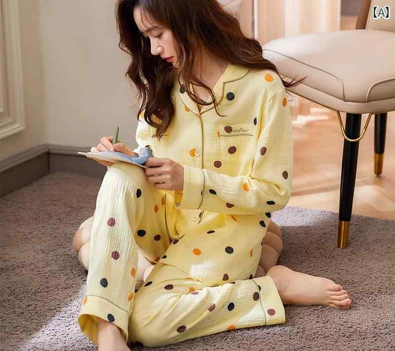 パジャマ レディース 上下セット 春秋 薄手 ガーゼ織り 長袖 ルームウェア 前開き 大きいサイズ ウエストゴム 母の日 プレゼント シンプル 黄 紫 ベージュ ドット柄 無地