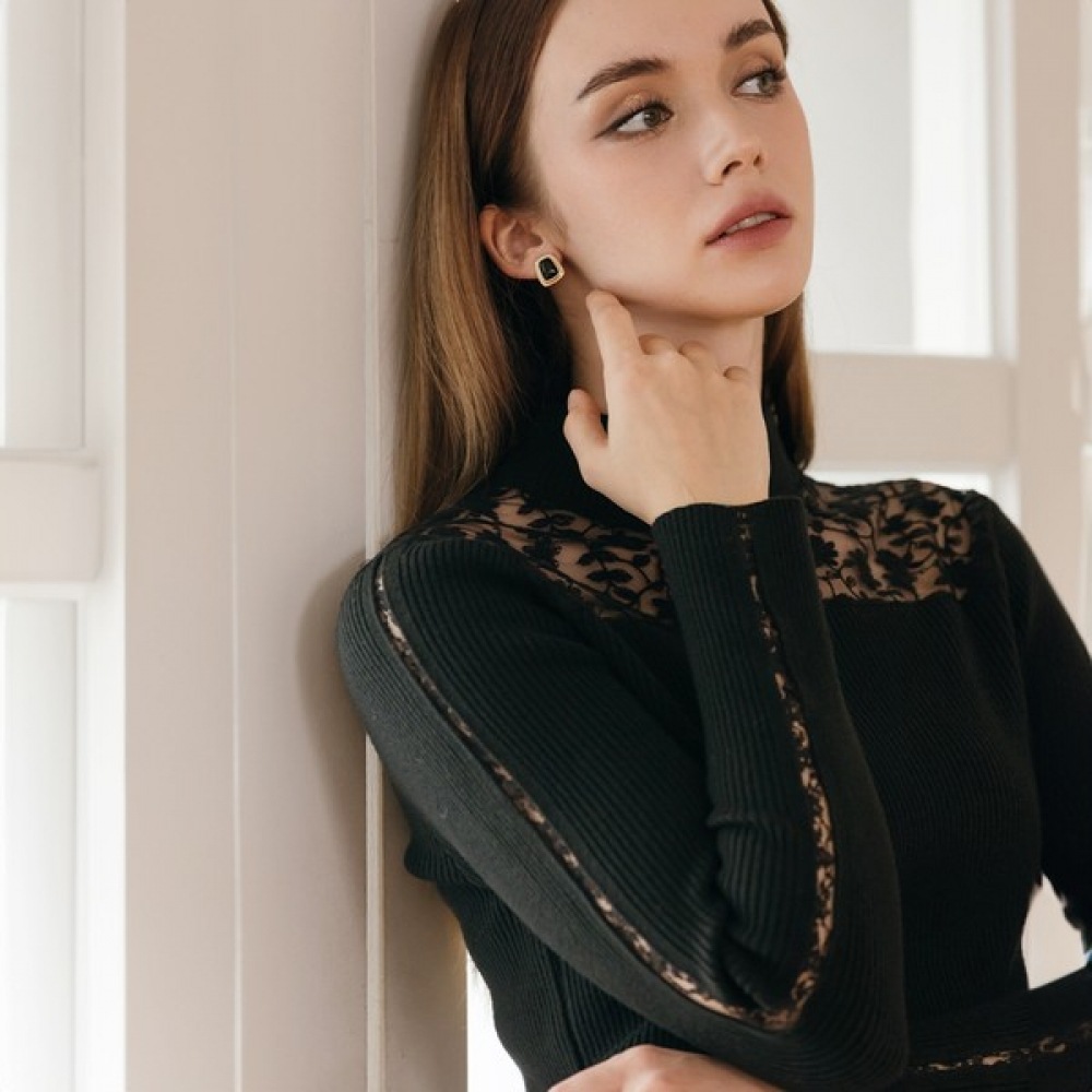 (Max Cartiggio) レースシースルーハイネックニットTシャツ