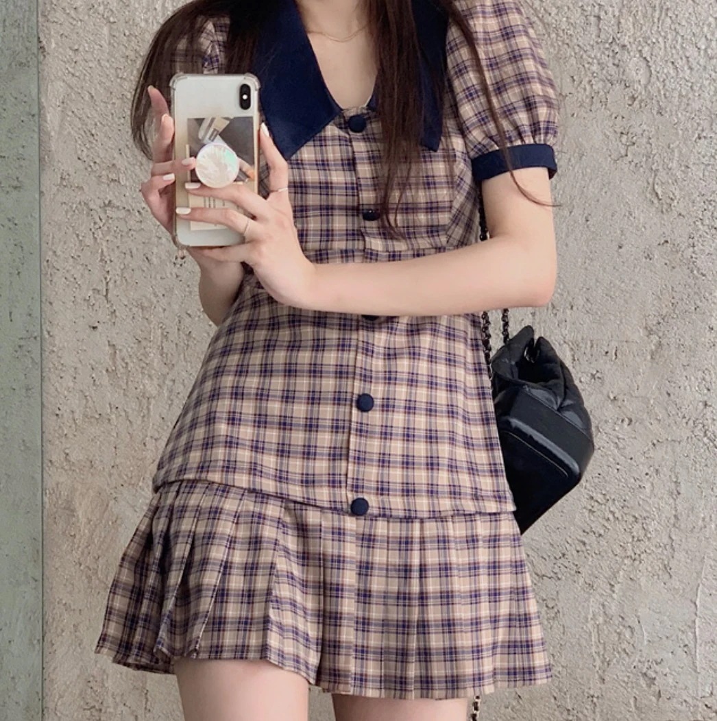 ワンピース デート かわいい 大人可愛い きれいめ シンプル カジュアル 大人 上品 おしゃれ チェック柄 襟付き 半袖 春夏 ミニ丈 フリル フレア レトロ 学生 イベント 休日 韓国 XS モテ