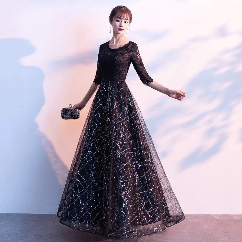 ロングドレス 演奏会 パーティードレス ロング丈 袖あり 結婚式ドレス マキシ丈 切り替え 紺色 パーティー お呼ばれ 発表会 演奏会 成人式 二次会 エレガント 大人 20代 30代 40代30%ま