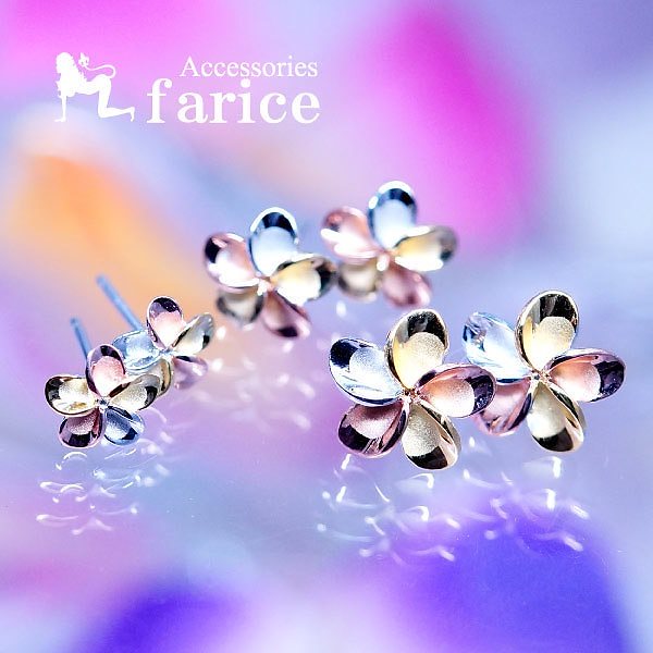 プルメリアトリニティカラーデザイン 花びらピンクゴールド&イエローゴールド&プラチナ仕上げ レディース ハワイアンジュエリー シルバー925 スタッドピアスS/6mm幅M/8mm幅L/10mm