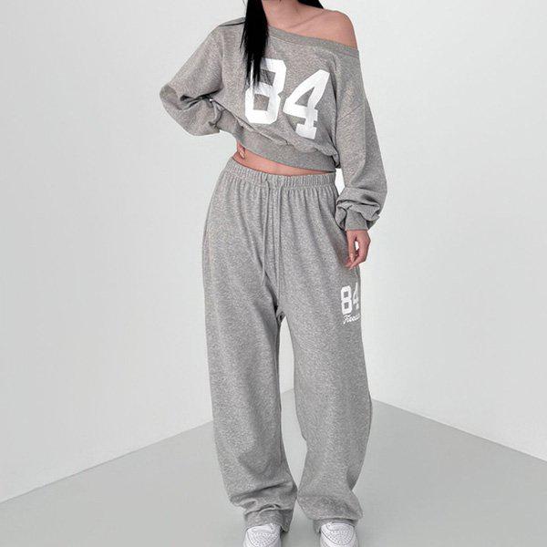 Hスタイル(SET)ナンバーアンバランスクロップセット 春 秋 女性 トレーニングウェアセット スウェットセット パンツセットアップ