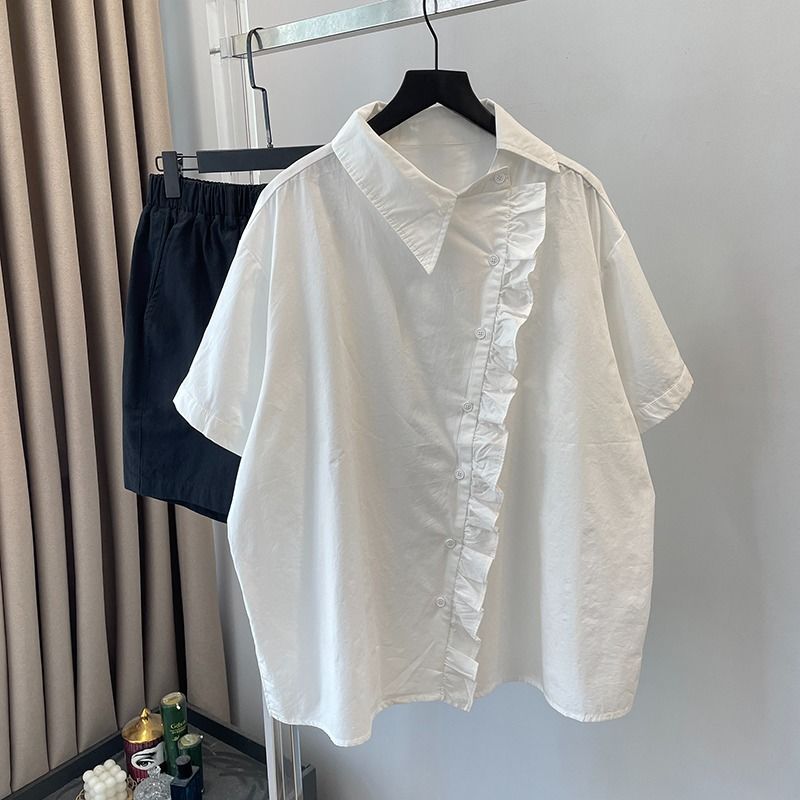 【SNS大人気アイテム登場】 ファッション感満々 フリルステッチ 合わせやすい レディース 体型カバー 半袖 シャツブラウス