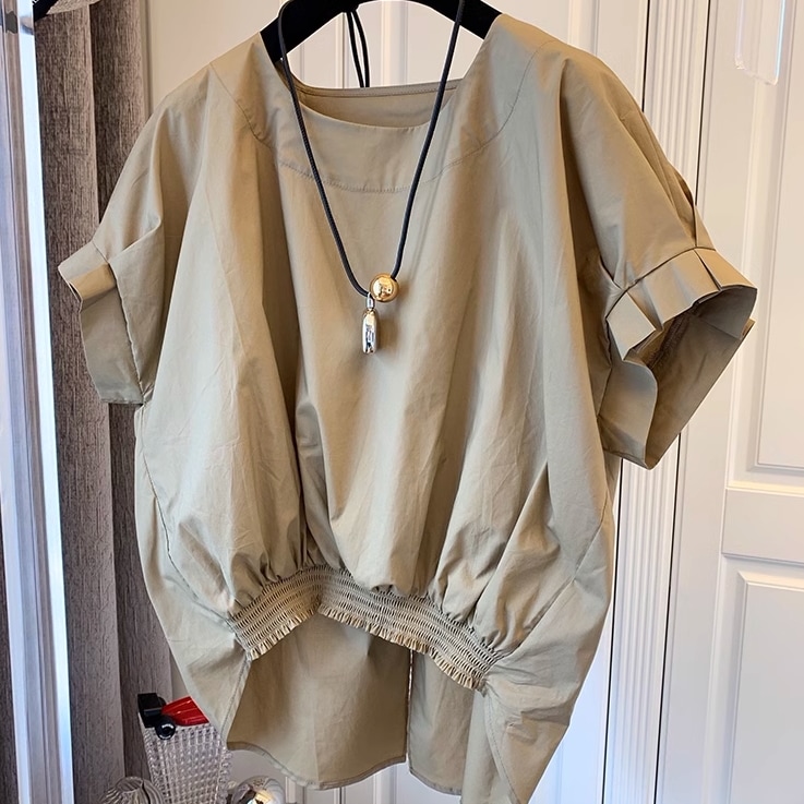 レディース トップス シャツ ブラウス プルオーバー 半袖 ラウンドネック 襟なし アシンメトリー フェミニン リボン バックリボン 薄手 かわいい 大人可愛い きれいめ シンプル カジュアル 上品