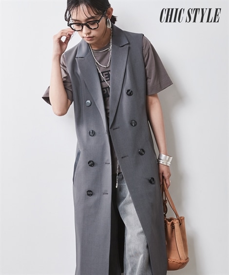 ジャンパー・ブルゾン 大きいサイズ ロングベスト 共布ベルト付 シックスタイル