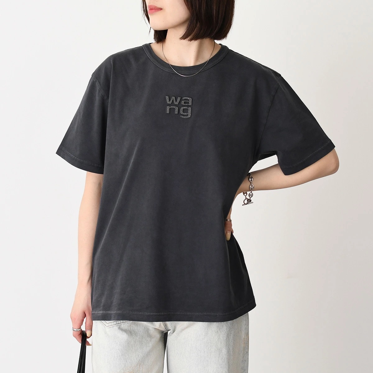 Tシャツ クリスタル ホットフィックスロゴ Tシャツ 4CC1261220 レディース ブラック コットン クルーネック 半袖 ロゴ