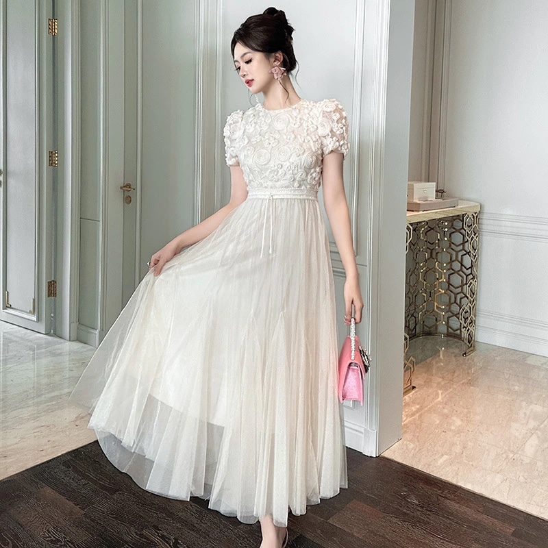 夏ワンピース 気質 キュービックバラの花 ドレス ウエスト引き締め着やせメッシュ パーティードレス ワンピースフォーマルキャバ 大人 同窓会 披露宴 卒業式 結婚式 演奏会