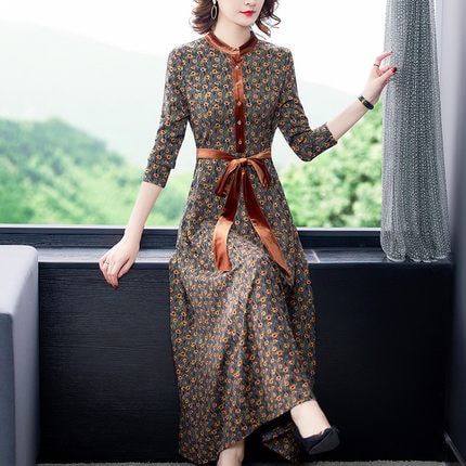 ロングワンピース ワンピース フレアワンピース ワンピドレス ロング ロング丈 袖あり 長袖 ラウンドネック フレア ウエストマーク ウエストリボン ハイウエスト かわいい 大人可愛い きれいめ