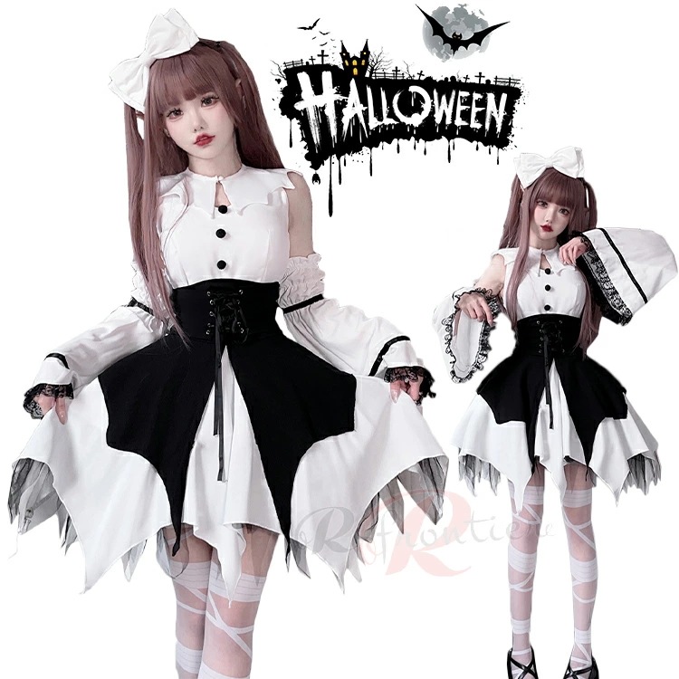 ハロウィン 仮装 大人 女性 魔女 コスプレ ワンピース メイド 服 可愛い 5点セット 黒 ホワイト ブラック 修道女 聖女 修道服 悪魔 メイド リボン ヘアバンド コスチューム レディース 女性