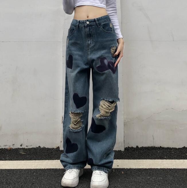 韓国ファッション レディース ロングパンツ デニム ダメージ NNZK09